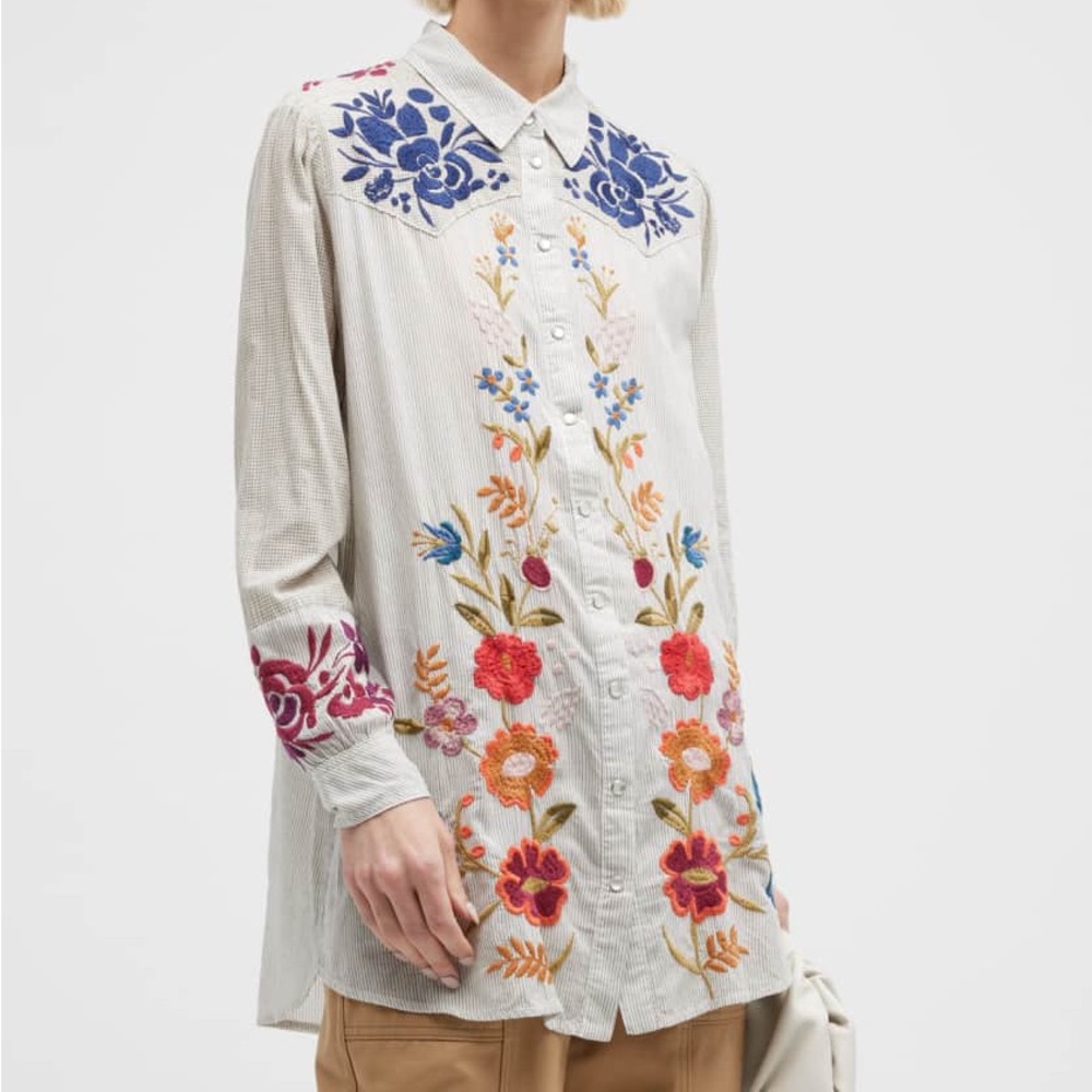 $255 Johnny Was (M) Puff Sleeve Striped & Grid-Print Western Tunic Embroidery